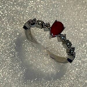 RING- Montepuez Ruby & White Zircon Art Deco in Rhodium over SSilver   0.65 ctw